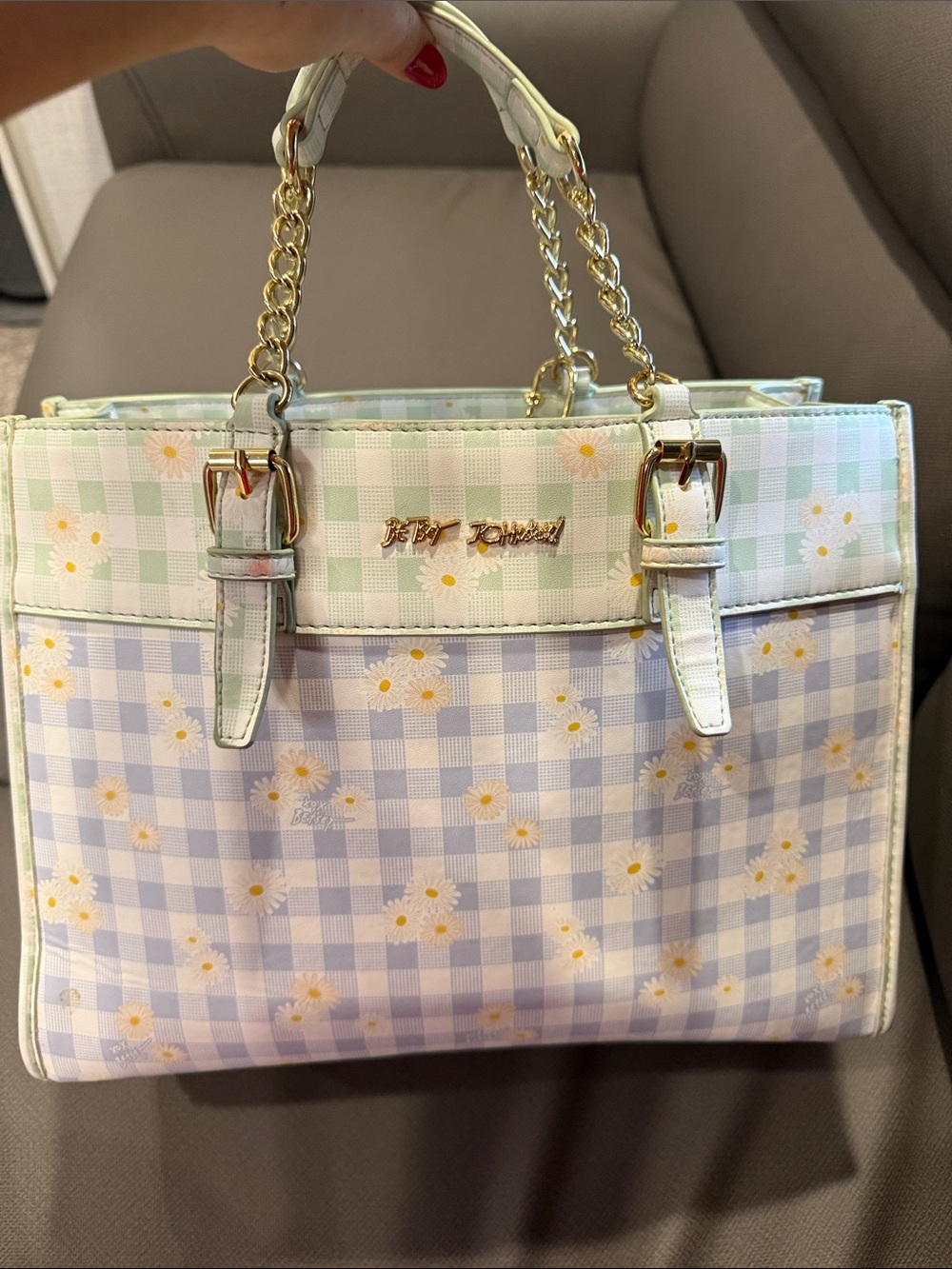 Betsey Johnson Pastel Mint & Lavender Gingham Daisy Tote